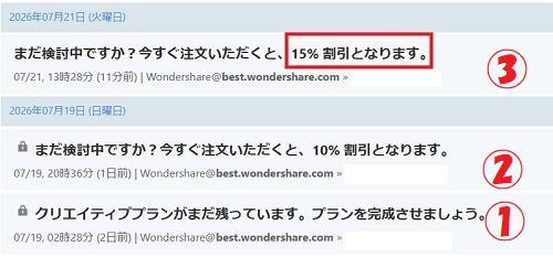ワンダーシェア 15％割引を知らせるメール